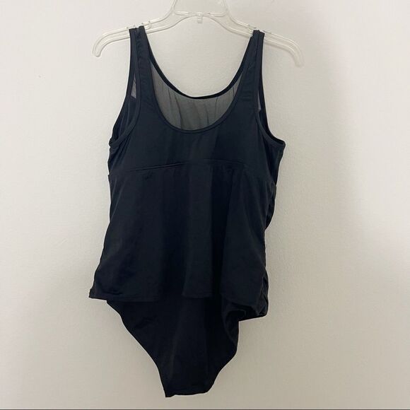 Always For Me Black One Piece Swimsuit Sheer Neckline Size 16 - Picture 2 of 6